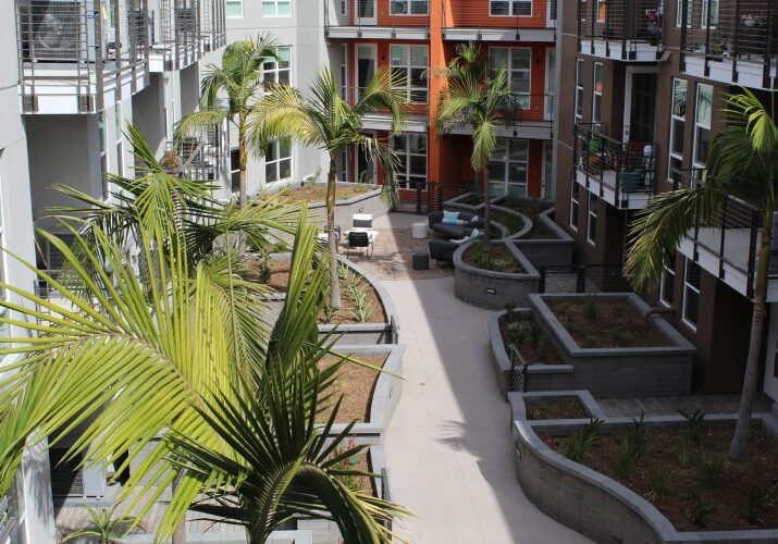 A view of an apartment complex from above.